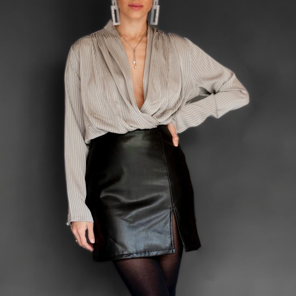 Dress Forum Gray Pleated Long Sleeve Bodysuit